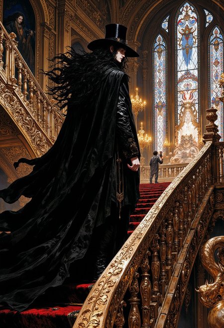 weibo, drawing, illustration retro 90's, Yoshitaka Amano, Ayami Kojima, chromatic aberration, detail, high contrast, cinematic view,volumetric lighting,perspective, gothic_fantasy,golden_details,dramatic_lighting,high_contrast,eerie_atmosphere, fantasy_art,dark_romantic,gritty_texture,melancholic_mood, thick_linework, surreal, cinematic, intense_detail, photorealistic,(sharp focus:1.3). A stylized character with a striking appearance. A thigh-high close-up of a character a vampire hunter standing mid-way up the steps in grand, gothic-inspired interior hall featuring a sweeping, elegant staircase. The vampire hunter is tall, with pale skin and a stoic expression, dressed in a flowing black cloak that cascades behind him and a wide-brimmed hat. His long, wavy black hair spills over his shoulders, adding a haunting presence to the scene. The staircase itself is lined with an ornate wrought-iron railing, while a swirling, ethereal sculpture rises beside it. The hall’s tall, arched windows with intricate tracery allow dim, filtered light to cast soft shadows across the scene. Glowing chandeliers add warmth to the otherwise cold, gothic atmosphere. The background evokes a timeless, dark fantasy aesthetic, as if the castle itself holds countless secrets. The high-contrast lighting highlights the dramatic interplay of shadows and light. The image is highly detailed, with a focus on the textures of his suit, the sharpness and the way his interacts with the.
DB4RZ, DB4RZ style painting