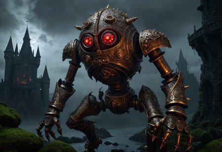 giant bipedal robot brass and striped silver and red striped paint, bronze paisley robot. lacy robot metal. spiked urchin helmet head. outside of a steampunk keep. large detailed torso. dark image. one forty foot tall ancient robot with great arms and two heavy spring legs. dark foggy night background. $dark foggy night image only. dark photo realistic image. steampunk details. cogs, chains and pipes incorporated in the fantasy buildings. magic wizards tower in background. Dark swamp, moss, castle ruins, wizards tower. stormy dark night.  stormy sky.  rain