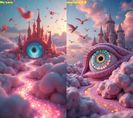 fluorescent make-up, glowing eyes, dust, cinematic film still of a beautiful macro eye close-up, bright eye, photorealistic, 100mm f/2.8 macro lens, glow, glowing (masterpiece, award winning artwork) many details, extreme detailed, full of details A whimsical candy kingdom floating on a cloud of glittering sugar crystals in a pastel sky, where the castle is made of rainbow lollipops with towers of spun sugar that shimmer in the sunlight, and rivers of liquid chocolate flow through streets paved with glowing gumdrops. The inhabitants are humanoid candy creaturesâpeppermint stick guards with striped armor, gummy bear children playing with bouncing jellybeans, and a queen with a crown of glowing cotton candy, holding a scepter made of a giant candy cane. Above the kingdom, a flock of chocolate birds with caramel wings soars, leaving trails of cocoa powder in the air, creating a sweet, fantastical scene, shot with a Pentax 645Z, .pef file.      , aidmamjv7