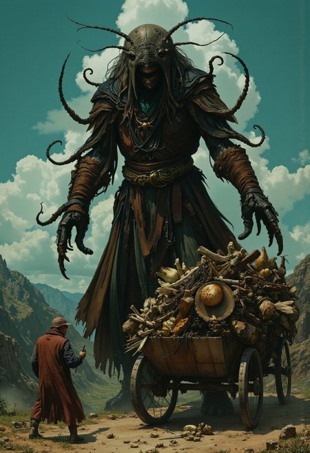 Screen grab from a 1940s dark fantasy movie, wizard of oz style color, occult, A towering, insectoid merchant draped in a tattered robe woven from glowing threads tends a massive cart pulled by skeletal creatures. The Scrapkeeper trades in enchanted paper scraps, glowing runes, and rusted relics, offering strange bargains that always come with unforeseen consequences for the buyer