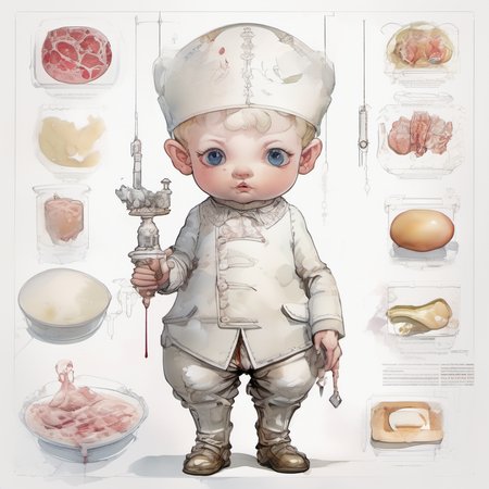 highly detailed intricate ((fat)) cyber baroque ( [ kid : baby : 0.55 ] ) Spanish butcher, white, octane render, caustics, milk, glossy, ((scientific illustration, diagrammatic )), explain, infographic illustration, character design, hyper details, serigraphy <lora:watercolor_v1_sdxl:1> manga