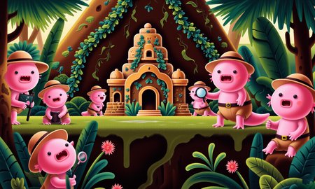 wh1m5y_style flat illustration, axolotl, high-angle view of a small group of pink axolotls in tiny safari hats and khaki explorer outfits, peering excitedly over a miniature cliff edge to discover a hidden, moss-covered temple deep in the jungle; one axolotl holds a tiny map, while others carry small magnifying glasses and tiny machetes; lush jungle foliage surrounds them, with vines, tropical flowers, and dappled sunlight filtering through the dense canopy, casting a warm glow; a tilt-shift blur effect emphasizes their tiny scale, with detailed textures on the templeâs cracked stone walls and creeping ivy, creating a thrilling, mysterious atmosphere<lora:Axomodel_Flux_V2.safetensors:1.0:1.0> <lora:wh1m5y_style flat illustration__FLUX.safetensors:1:1>