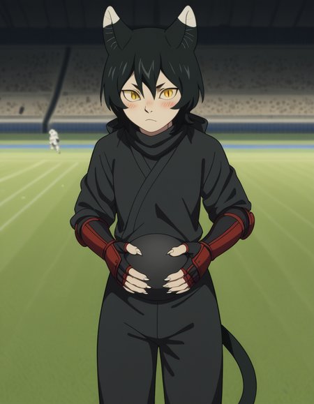 score_9, score_8_up, score_7_up, source_anime, <lora:izutsumi-s1-ponyxl-lora-nochekaiser:1>, izutsumi, black hair, animal ears, tail, yellow eyes, cat ears, cat tail, cat girl, slit pupils,, japanese clothes, gauntlets, ninja, black shirt, black pants,, soccer field, grass, goal, players, sport, , hands on stomach, blush,, looking at viewer, solo,, dutch angle, cowboy shot