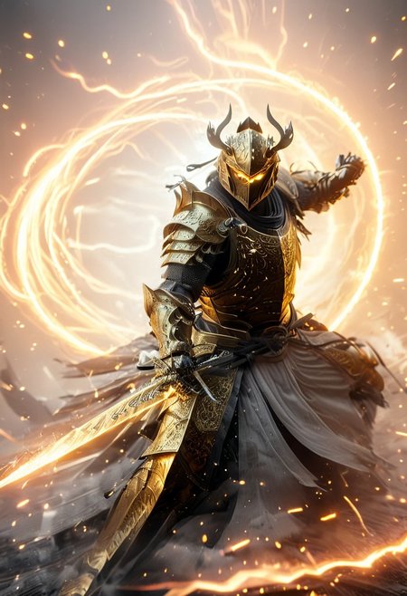1man, armored samurai in golden samurai armor, wearing samurai helmet and armor,  golden fire, wielding dual swords:1.2, brave perspective, reflection, glowing golden fire, golden lightning shatter, , glowing sword, motion blur, emphasis line, outdoor in the darkness, looking at viewer, katanas