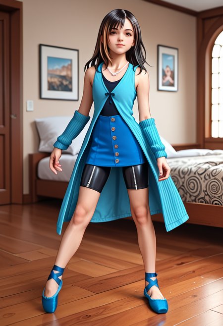 zPDXL3,  source_anime, cozy,  bedroom, indoors, <lora:Rinoa_XL:1> 1girl, dancing ballet, secretly happy, concentrating,  long hair, Two-Tone Hair, black hair, streaked hair, brown hair, brown eyes, necklace, jewelry, blue coat, sleeveless, armlet, ribbon, arm warmers, skirt, bike shorts, buttons, zipper, looking at viewer, <lora:Ballet_Pointe_Shoes:0.8> p01n73-5h035, ballet slippers, blue footwear, <lora:zy_Detailed_Backgrounds_v1:0.7> Background, Detailed background, Elaborate, Rich, Dynamic, Immersive, Intricate