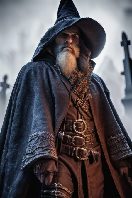 (masterpiece:1.2), (best quality,:1.2), 8k, HDR, ultra detailed, ((photorealistic)), professional light, cinematic lighting, fashion photography, ambient lighting, atmospheric effects, <lora:detail_slider_v4:2>, <lora:zoom_slider_v1:1.5>, a male WitchHunter, (beard), coat, belt, cape, hat, <lora:WitchHunter-10:1>, in a sinister graveyard,  <lora:Darkness:0.3> Darkness, epiCPhoto