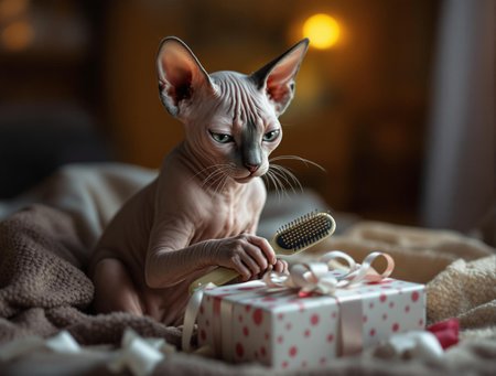 Ultra-realistic photo of a hairless Peterbald cat sitting in a cozy, warmly lit room, crying with tears streaming down its face. The cat has just opened a gift box and is holding a hairbrush delicately in its paws. Its large, tear-filled eyes reflect a deep sadness, as it looks at the gift, feeling the sorrow of being bald. The opened gift box lies beside the cat, surrounded by a soft blanket and a few scattered pieces of wrapping paper. The scene is filled with emotion, conveying the cat's sense of loss and vulnerability