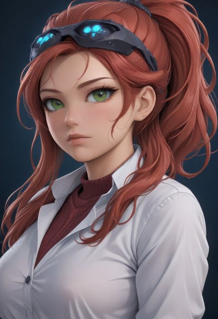 (masterpiece, top quality), (comic), breathtaking, (cowboy shot:4), voluptuous,
(solo female, "Sarah Kerrigan"), "Sarah Kerrigan" detailed face, smooth brows, attractive eyelashes, soft makeup,long detailed smooth red hair, High Ponytail hairstyle, large hip, fit torso, ,ultra detailed green 
 eyes,round iris of the eye, round pupil, eyes reflection,  symmetrical eyes, large hip, fit torso, long legs,(fashion cloth:2), thigh stocking, high heels, Jewellery, beach background,
BREAK, 
night visor,night visor on top of the head