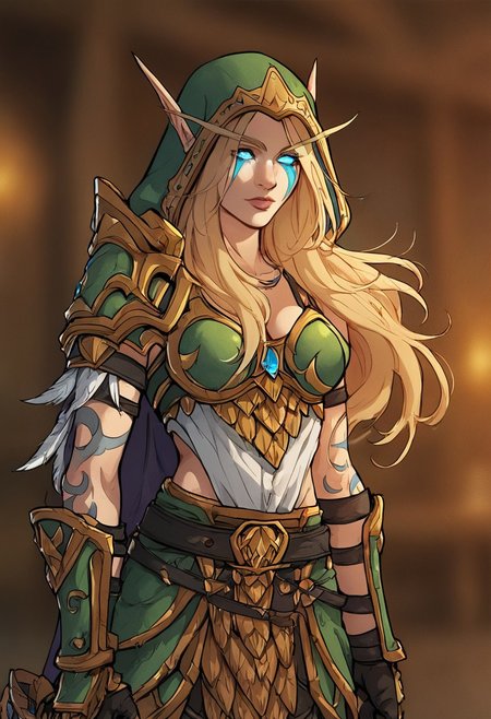 score_9, score_8_up, cowboy shot, 1girl, solo, source_anime, highly detailed, alleria windrunner, hood, armor, long hair, blue eyes, tattoo, motion_lines, (  indoors, day), <lora:Smooth Anime Style LoRA XL:0.75>, kinkymationstyle