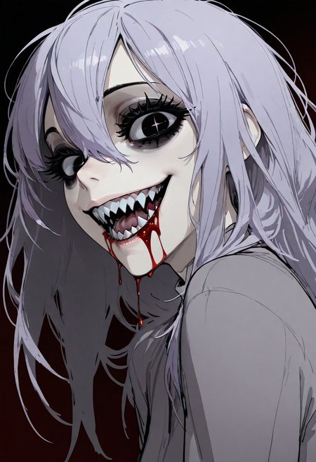 black eyes, bags under eyes,    
big eyes,  (black eyeshadow:0.8),  thick eyelashes, 
from side, simple background, dark night background, 
looking at viewer, looking down, (wild, crazy smile:1.2), solo, 1girl, half body, perspective, (sharp teeth:1.2), dark red liquid on mouth, dark red liquid on face, half-closed eyes, + +,  dark red eyeliner, pale purple hair,
masterpiece, best quality, amazing quality,
dark messy sketch, messy lineart, unfinished,
(horror \(theme\),:1.2)