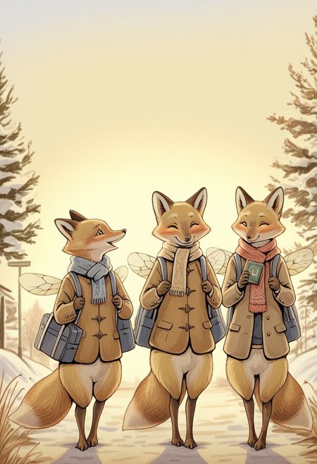 Bpstyle, 3fox,  three  anthropomorphic fox going to school, bee wings, jacket, holding backpack, scarf, happy