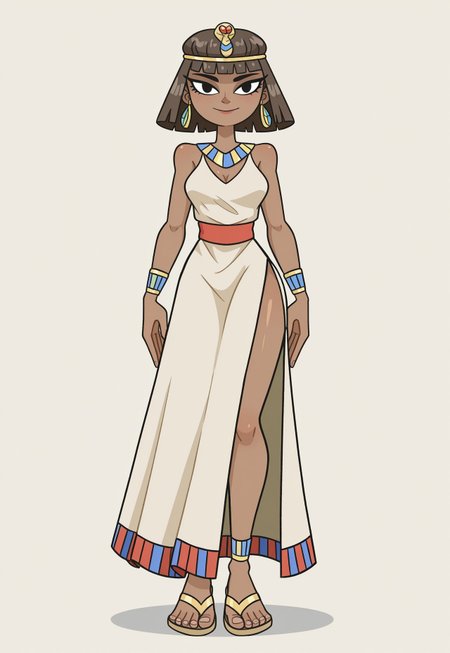 Brown skin, egypt long dress, sandals, posing, drees, cartoonish style