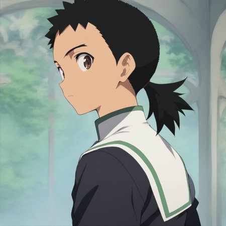 solo,looking at viewer,upper_body,masterpiece,high score,great score,absurdres,<lora:Kenshi_Masaki ag4o v1:1> 1boy, kenshi_masaki, black hair, ponytail, brown eyes,school uniform,