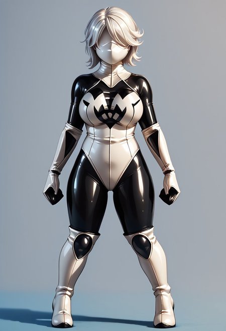 Score_10, score_9, score_8, full body, solo, 1girl, mature female, curvy, large breasts, shyhero, gloves, looking at viewer, elbow gloves, mask, white gloves, white hair, white leotard, thigh boots, libredrone, latex, rubber, no face, no eyes, no nose, no mouth
