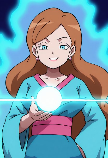 masterpiece, best quality, 1girl, solo, looking at viewer, smile,   zzLinnea, blue eyes, brown hair, long hair, earrings,  blue kimono, sash,  , <lora:LinneaPokemon_IXL_v2:1.0>, ,vivid aura, looking at viewer, blue background, smug, aura, super saiyan, charging energy, energy ball, energy, lightning, <lora:DBSBroly_Style_IXL_v2:0.6>,