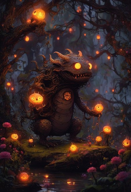 CreepyCuteMagical,   A creepy-cute monster with a rounded, pudgy body, glowing golden eyes, and dozens of tiny, wriggling arms instead of legs. It holds a bouquet of flowers, but each flower has a small, blinking eye in the center. The setting is a foggy swamp with gnarled, twisted trees, their branches entwined with fairy lights that give the scene a magical, haunting atmosphere. Inspired by gothic horror and kawaii culture.