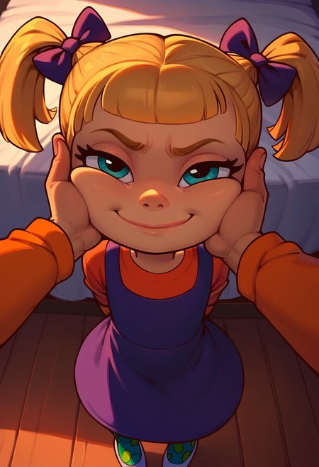 score_9, score_8_up, score_7_up, score_6_up, score_5_up, score_4_up, from above, pov
young face, child, (smug)
1girl, blonde hair, twintails, purple dress, orange sleeves, hair bow, polka dot leggings
bedroom, bed, standing, arms behind back, hand_on_cheek, closed mouth, 
<lora:princess_xl_v1:0.7>, <lora:Expressive_H:0.6>, <lora:incase-ilff-v3-4:0.5>, <lora:MysticalPlantPenetratorPDXL:0.5>, <lora:AngelicaXL_PonyXLV6_v5:1>,