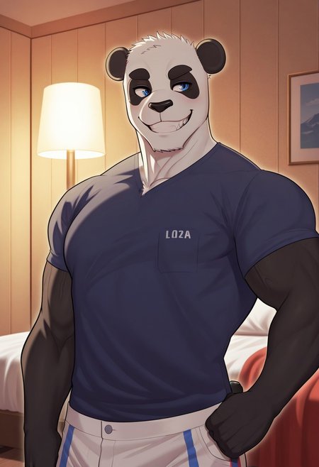 <lora:BryanSL:0.9>, solo, bryanliu, panda, male, manly, masculine, blue eyes, blue shirt, white pants, face focus, portrait, grin, upper body, bedroom BREAK masterpiece, best quality, amazing quality, very aesthetic, high resolution, cinematic lighting, extremely-detailed, absurd res, newest, detailed fur, detailed muscles, furry male, short black tail