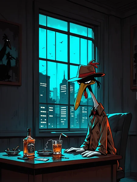 <lora:Chicken_-_CowChicken_-_IL:0.9>, ch1ken, creature, solo, no humans, pokemon (creature), bird, BREAK, chicken detective, noir, (film noir:1.2), trench coat, fedora, sitting behind desk, moody, depressed, drinking whiskey, cigarette in ashtray, revolver on desk, smoky office, (smoky;1.2), hazey, window with view of city at night, , dark, grimy, chiaroscuro lighting, desaturated, high contrast, 1940's, cinematic, masterpiece, partially colored, high contrast, dynamic angle, dynamic lighting,dynamic shadows, <lora:LeIsT0_style:1>, leist0_illu, glowing
