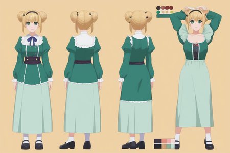(masterpiece,  best quality),blonde hair,green eyes,long sleeves,double hair bun,green shirt,puffy long sleeves,dress,puffy sleeves,frills,green dress,black shoes,star hair ornament,skirt,shirt,black hairband,(simple backgound),
character sheet,model sheet,turnaround,multiple views of the same character,
character sheet,model sheet,turnaround,multiple views of the same character,
multiple views of the same character,,<lora:Model_Sheet_Xl:1>