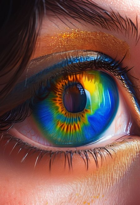 Woman, body art, hyper realistic eye, Satin Sheets Gold, Sapphire Blue, Peacock Blue,  skin, close-up, chaotic, flaming, skin texture, pulsating, cinematic angle,