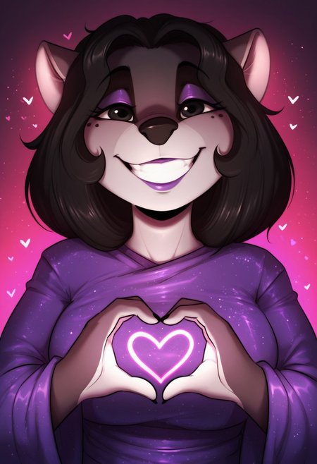 argosornstein , 1girl, solo, medium build, medium hair, sfw, safe for work, covered skin, flowy dress,  black eyes, purple lipgloss, smiling, portrait, upper body, heart hands, foreshortening, detailed, newest, furry female, furry, anthro