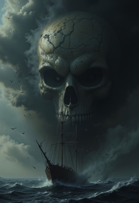 The image depicts a dramatic scene where a ship, likely an old sailing vessel, is surrounded by a thick, dark cloud formation. The cloud is shaped in a way that strikingly resembles a skull face, giving the scene an ominous, almost supernatural feel. Birds are seen flying near the ship, adding to the eerie atmosphere. The overall mood of the image suggests themes of adventure, mystery, or even horror