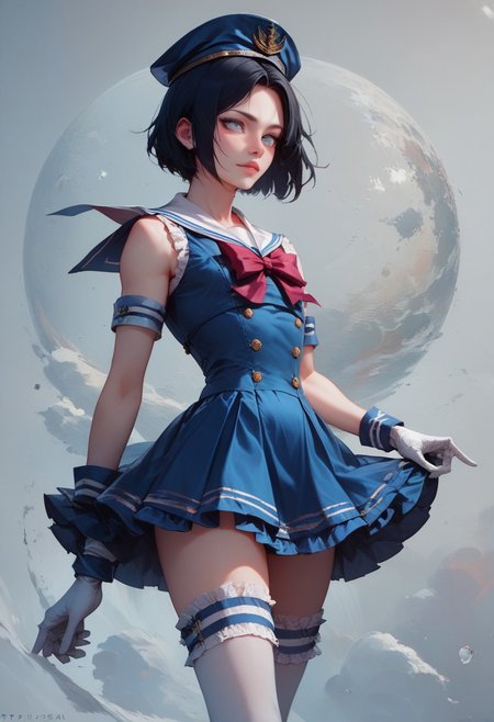 score_9, score_8_up, score_7_up, 1boy, femboy, otoko no ko, short hair, bob cut hair, black hair, grey eyes, gray eyes, feminine face, toned body, Shelly, Jed-Salr, Navy Blue Mini Dress, White Trim,  White Sailor Collar,  Nautical Stripes,  White Thigh-High Stockings, Sailor Hat,  White Gloves, Sailor Cuffs, White Petticoat, highly detailed, intricate, zzCitronCAT, pose, modelshoot, solo