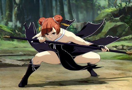 masterpiece,best quality,good quality,newest,
outdoors,detailed background,
looking at viewer,
solo,
Laufen,1girl,brown hair,short hair,double bun,brown eyes,yellow hairornament,
black dress,bare shoulders,
gloves, 
pelvic curtain,
boots,
fighting_stance,holding polearm,one knee,spread legs,