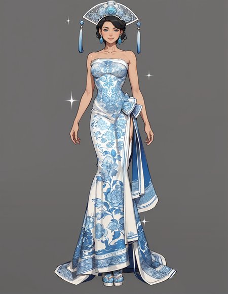 (full body photo:1.3), adult woman, standing, arms down, facing viewer, wearing HUD_ch1na, asymmetrical blue and white chinoiserie porcelain colored strapless dress, pleated ruffle skirt, bare shoulders, jewelry, earrings, ring, large intricate metal carved symmetrical jeweled headdress with one tassel on each side, <lora:HUD_ch1na-08a:0.6>, (black hair:0.8), 4k, simple background, smile