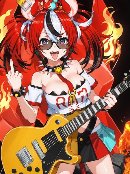 detailed background, shiny skin, posing, rating safe,
<lora:baelz.pony:1>,
baelz,
large breasts, 
sunglasses, flame, rock, guitar, 
glasses, middle finger, tongue out, open mouth, heavy metal,