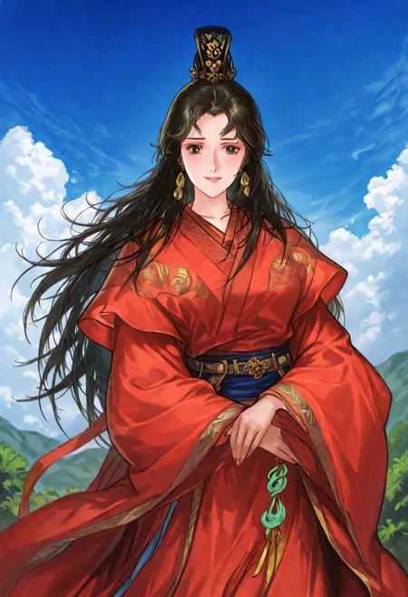 RTKXI style, 1990s_\(style\),retro_artstyle,1woman,mature female,black_hair,long_hair,bangs,Red_Chinese_Hanfu,long sleeves,earrings,looking at viewer,,(detailed face,shy,smile,red_lips), ,outdoor,blue_sky,cloud,BREAK score_9, score_8_up, score_7_up, source_anime,masterpiece, best quality,official art,perfect_anatomy
 (best quality) , (highly detailed) ,((masterpiece)), ((best quality)), (ultra-detailed), ((extremely detailed)), (high resolution), 4K, (8K), best quality, (beautiful), (dynamic lighting),