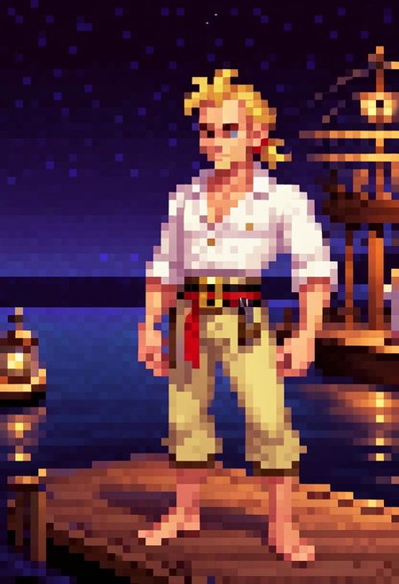 pixel art PixArFK
lucasarts style,  
guybrush threepwood 
a skinny pirate man with blond hair in a ponytail manbun in a white shirt standing on a dock at night,
masterpiece, best quality, high quality,