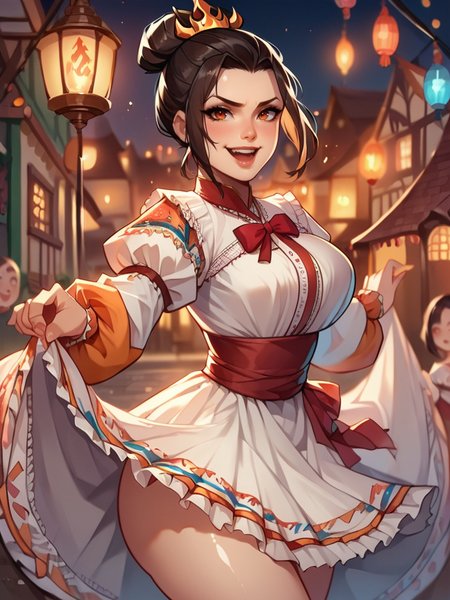 score_9, score_8_up, score_7_up, 1girl, curvy girl, from behind, dress lift, solo focus, looking at viewer, nervous smile, blush, naughty face, cowboy shot, (dynamic pose:1.1), cute, nsfw, room, big breasts, thick thighs, sexy pose, open legs, shiny skin, glowing, town, village, cute pose, open mouth, azula, 
<lora:MexicanTraditionalClothes_Concept-10:1> MexClothes, hair ornament, flower, white dress, frills, traditional clothes, ribbon, puffy sleeves, multicolored clothes, colorful clothes,