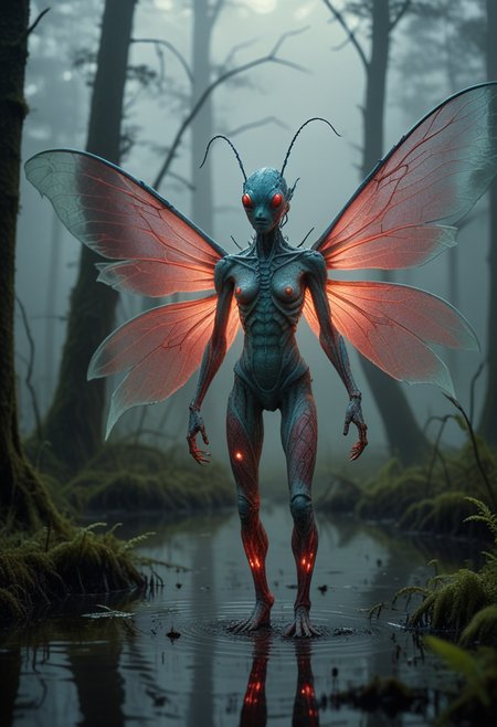 (medium full shot) of (captivating hybrid creature) with mossy red skin, scaly skin, insectoid legs, bioluminescent patterns, ethereal wings, glowing tattoos, insectoid antennae, in set in  a mysterious swamp, where the thick fog obscures the horizon, the dense, marshy vegetation hides secrets beneath its murky surface, during twilight, Masterpiece,best quality, photo, realistic, very aesthetic, detailed face,