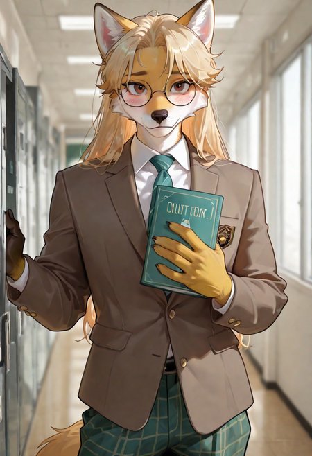 masterpiece, ultra-HD, cinematic lighting, high detail, depth of field, (blurred background), masterpiece, best quality, very aesthetic, 8k, High-definition facial features, masterpiece, best quality,realistic, masterpiece, best quality, 8k, solo, furry, fox, male, Round glasses, at school, Next to the lockers, Clean background, Preppy Style, Brown blazer, Green tartan trousers,stand, Nerd, be shy, Tall and Lean,  hair reaching the jawlin, Strawberry Blonde, Brown eyes, masterpiece, best quality, very aesthetic, deadpurity, sunny, Look at Viewer , Clear lines, Next to the lockers in the school hallway, Masculinity, Lean muscle, Hold books, Crotch swell, blush, male body, Slender, frantic