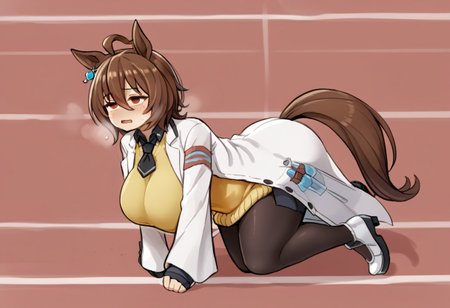 masterpiece,best quality,highly detailed,score_9,score_8_up,score_7_up,score_6_up, 1girl, solo, breast, huge breast,  plump, atdef, red eyes, brown hair, ahoge, hair between eyes, short hair, horse ears, single earring, horse tail, white coat, lab coat, sleeves past wrists, sleeves past fingers, black necktie, short necktie, yellow sweater, black shirt, pantyhose, black pantyhose, white footwear, high heels, high heel boots, open mouth, heavy breathing, exhausted, tired face, very sweaty, running, running track, from side,