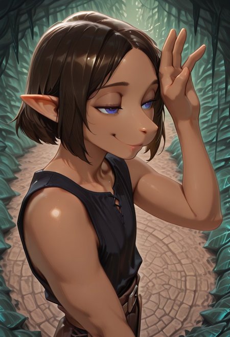 1 Lapanya, solo, Repeta, violet eyes, black sleeveless top,
Smiling, half-lidded eyes, 2 fingers to forehead
High angle, side view,
Medieval style, Smooth colors, detailed eyes, organic cavern background, clean lines, high quality, best quality, masterpiece, rating: safe,  
source: anime,