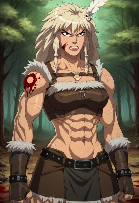score_9, score_8_up, score_7_up, BREAK,
1girl, medieval fantasy, portrait, solo,
tan, black eyes, angry, freckles, muscular female, biceps, scars, navel, abs, tribal tattoo, blood, female barbarian, berserker, tribal warrior,
feather hair ornament, primitive, furs, fur trim, bloody, pelts, leather jerkin, armor, leather skirt, straps, leather belt, bone bracelet, forest, trees, nature, outdoors, shadows   <lora:FantasyWesternAnimation_YoungJusticeDCAMU_v2:1>