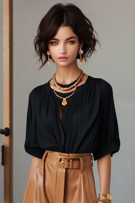 masterpiece, best quality, ultra detailed, perfect eyes, bellissima, 1girl, black collared shirt, brown pants, Armani style, very short hair, black hair, earrings, chain necklace, cowboy_shot
