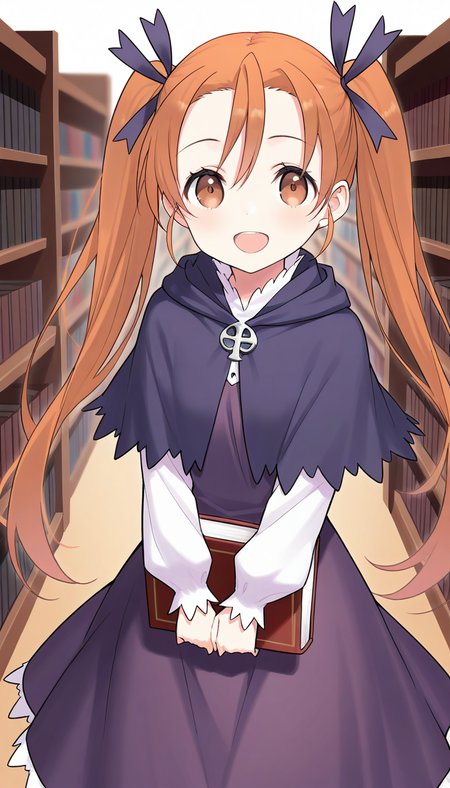masterpiece, best quality, good quality, <lora:Aliese_Martini_IS:1> Aliese_Martini, 1girl, solo, twintails, long hair, brown eyes, hair ribbon, orange hair, brown hair, short stack,
 1girl, book, solo, smile, open mouth, ribbon, holding book, holding, looking at viewer, capelet, :d, skirt, long sleeves, purple dress,
library,