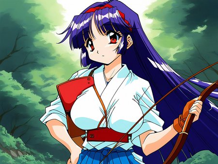 score_9, score_8_up, score_7_up, source_anime, rating_explicit, BREAK  <lora:Shiraishi_Yumiko_Ver2.0_XL:1> ShiraishiYumiko, long hair, red eyes, red hairband, purple hair, large breasts, blunt bangs,
 1girl, bow (weapon), solo, weapon, gloves, kyuudou, archery, japanese clothes, muneate, yugake,  partially fingerless gloves, hakama, 
skirt, blue hair, hakama skirt, holding bow (weapon), arrow (projectile), single glove, holding weapon