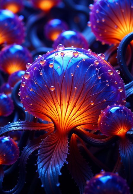 Fractals and bokeh swirl in brilliant shades of blue, purple and red. burned colors glowing with orange heat.  Bands of white light dash across the canvas. High saturation and contrast. sharp lines come into focus. Droplets of rain accumulate on leaves. Leaves appear as shattered glass. Electric snails crawl on the surface of a mysterious plant. The plant is made of glass. A mysterious ecosystem made of crystalline glass.