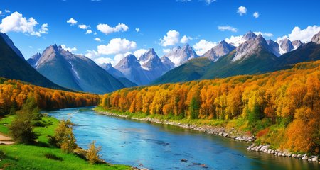 detailed background, masterpiece, best quality, scenery, mountains, river, forest, sun, day, clouds
