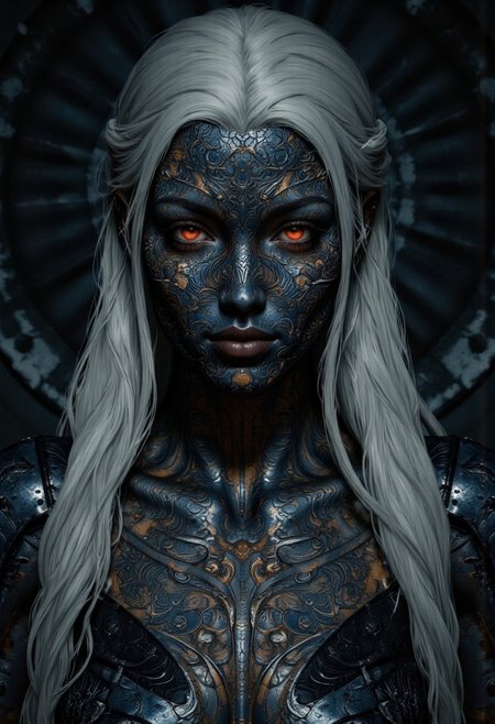 An extreme closeup portrait for an enigmatic and otherworldly woman with intricately textured metallic skin, their face and body adorned with elaborate biomechanical patterns that ripple like living armor. The figure's piercing crimson eyes glow with an intense, otherworldly energy, contrasting sharply with the cool, dark tones of their neck and face. Long, silver-white hair cascades down their back, enhancing their ethereal and alien appearance. The dimly lit, shadowy background emphasizes their enigmatic presence, evoking a sense of mystery and power.