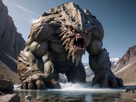 breathtaking, hyperrealistic, hyperdetailed, maximum fidelity, ultra high detail, ultra HD, Panavision Millennium DXL2 8k professional RAW photography gigantic rock monster emerging from mountain <lora:LoromXL_Druidic_Naturalism_v1:0.3>, luminous reflections, rtx on, subsurface scattering, dynamic hdr tone mapping, volumetric lighting, screenspace reflection, Physically-Based Rendering, Unity WÄtÄ environmental water