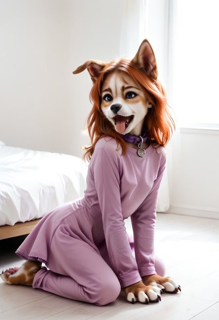 solo, dog girl, dog ears, wearing long sleeve purple 1960's dress,  on all fours, paw pose, canine tongue, tongue out, exited, lavender leather dog collar, paws, (raised tail under skirt), side view, external, in a meadow, human eyes, ((corgi dog muzzle)) , canine hind paws, canine hands, sitting like a dog, orange hair, hair in shoulder length style with bangs, in the style of Daphne from scooby doo, no human ears