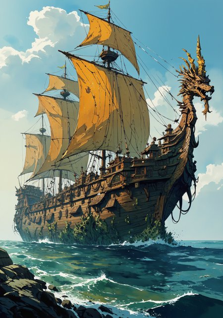Colossal wooden leviathan, ancient sea-faring vessel of impossible scale, intricate Norse carvings adorning massive hull planks, towering masts like redwood forests, sails woven from golden leaves, dragon-headed prow large as a castle, labyrinthine decks housing entire villages, ornate wooden balconies and terraces cascading down sides, bioluminescent algae illuminating waterline, rootlike structures anchoring to seafloor, barnacle-encrusted lower hull, crow's nest piercing clouds, rigging complex as city streets, figurehead of intertwined wooden deities, sun-bleached timbers contrasting deep-grained heartwood, 8k hyperdetailed, volumetric fog, ray-traced reflections on water, epic scale, master craftsmanship, mythological presence <lora:Hand v2:0.6> <lora:zyd232_Ink_Style_Flux1D_v1_1:0.4> <lora:DND_GRAINYBOYZ_FG_FLUX_V2_ROMULUS_Lora:0.1> <lora:Organic Sauce - FLUX:0.7> <lora:ç»ªå¿ CGé£æ»¤éFLUX:0.3> <lora:CPA:0.8> <lora:flux_dev:1>