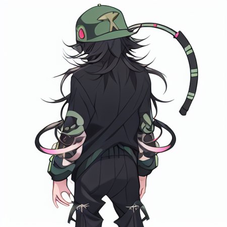 antenna hair, full body, 1boy, long hair, closed mouth, from behind, ahoge, long sleeves, multicolored hair, black pants, looking at viewer, hat, earrings, jacket, blush