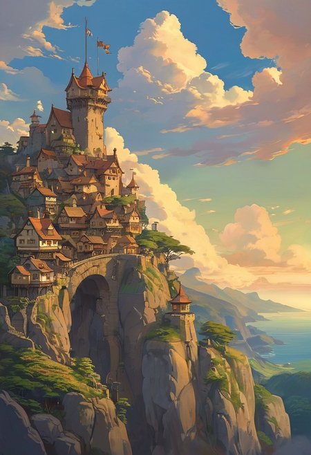 (studio ghibli drawing), (studio ghibli painting),best quality, masterpiece, extremely detailed,  professional  art,  professional painting, an extremely delicate and beautiful, dynamic,  great lighting, perfect shading, professional shading, depth of field,   side soft light, elegant, gorgeous, highly detailed,   full shot, uncropped,   pure genious, absolutely perfect,  highly detailed, breathtaking,  a giant and sheer cliff face with a town built into it, lots of different dwellings, fantasy, sunset